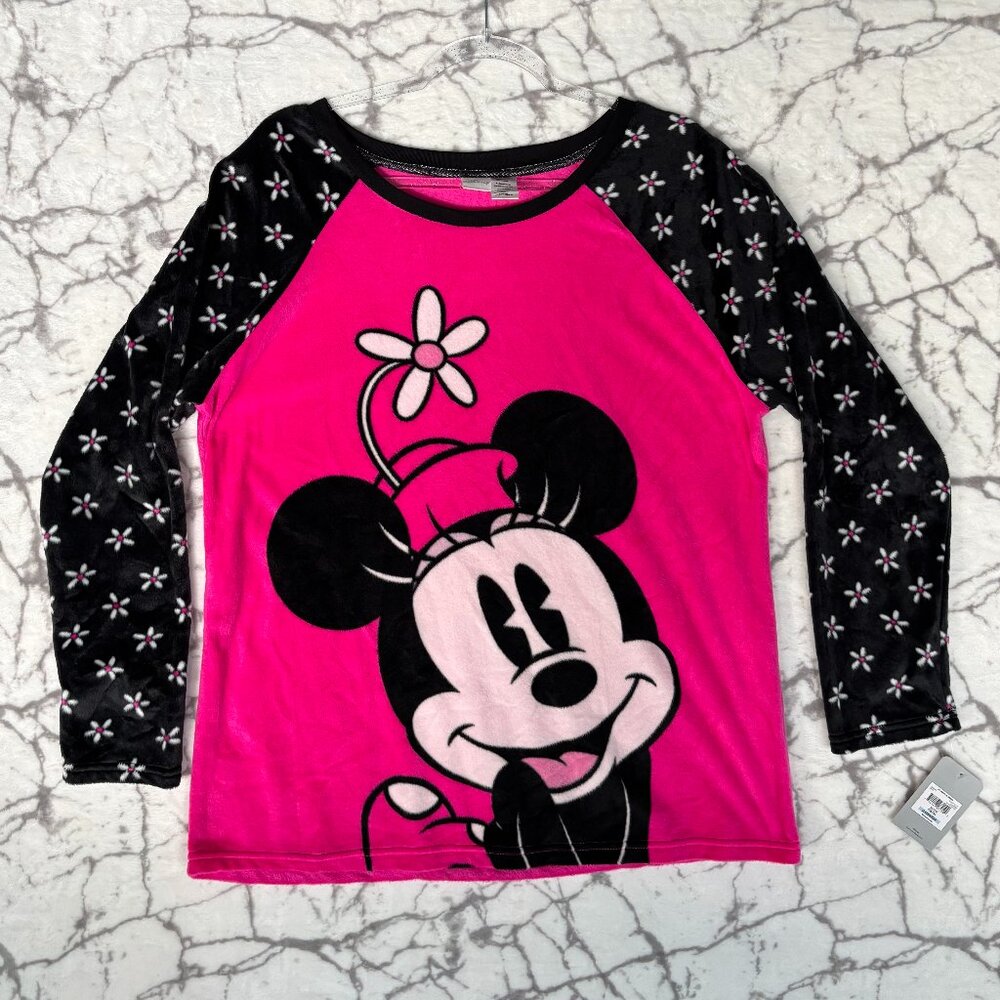 NWT DISNEY Minnie Mouse Sleep Shirt Women's XL Pink Black White Daisies Sleeves